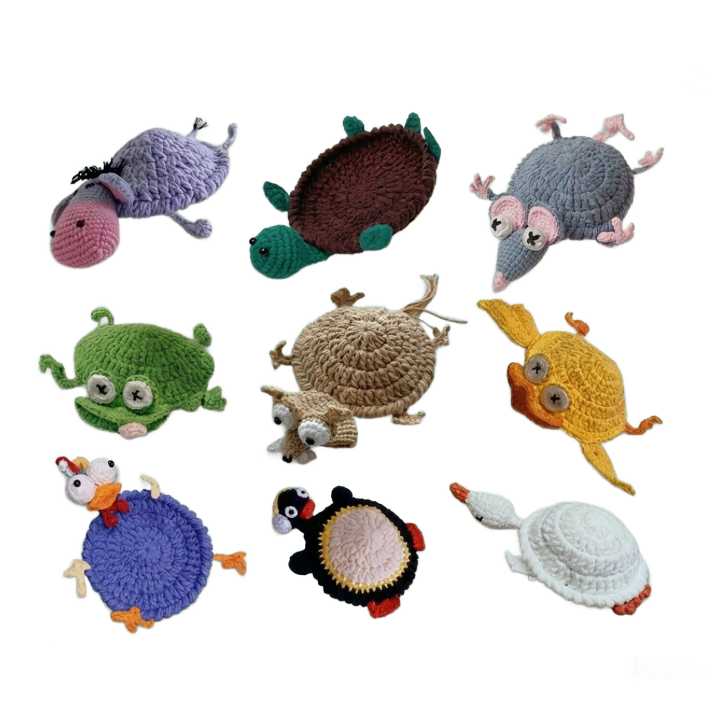 9 Animal Coasters Pattern Bundle — Goose, Rooster, Mouse, Frog, Turtle, Squirrel, Duck, Penguin, Donkey
